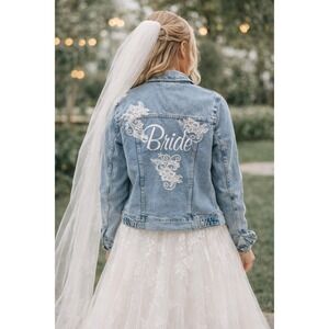 NWT Bridal Elegance Boutique Bride Distressed Denim Jacket White Lace Size Small